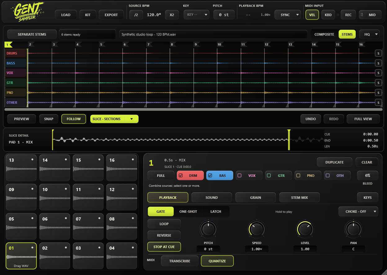 The real GentSampler interface: six stem lanes, 16 sample pads, and per-pad playback controls.